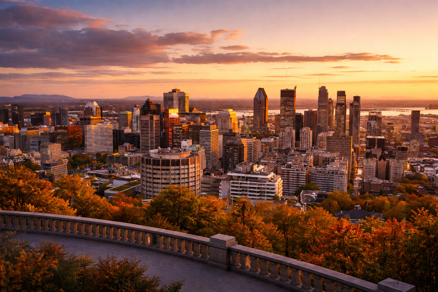Montreal skyline at golden hour from Mount Royal